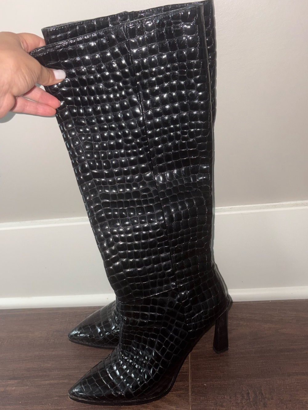 Vince Camuto Pelsna Black Croc Knee-High Stiletto Boot - Picture 2 of 6